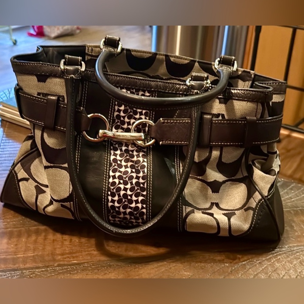 Coach Hampton Signature Stripe Black Canvas Carryall Satchel Bag Purse